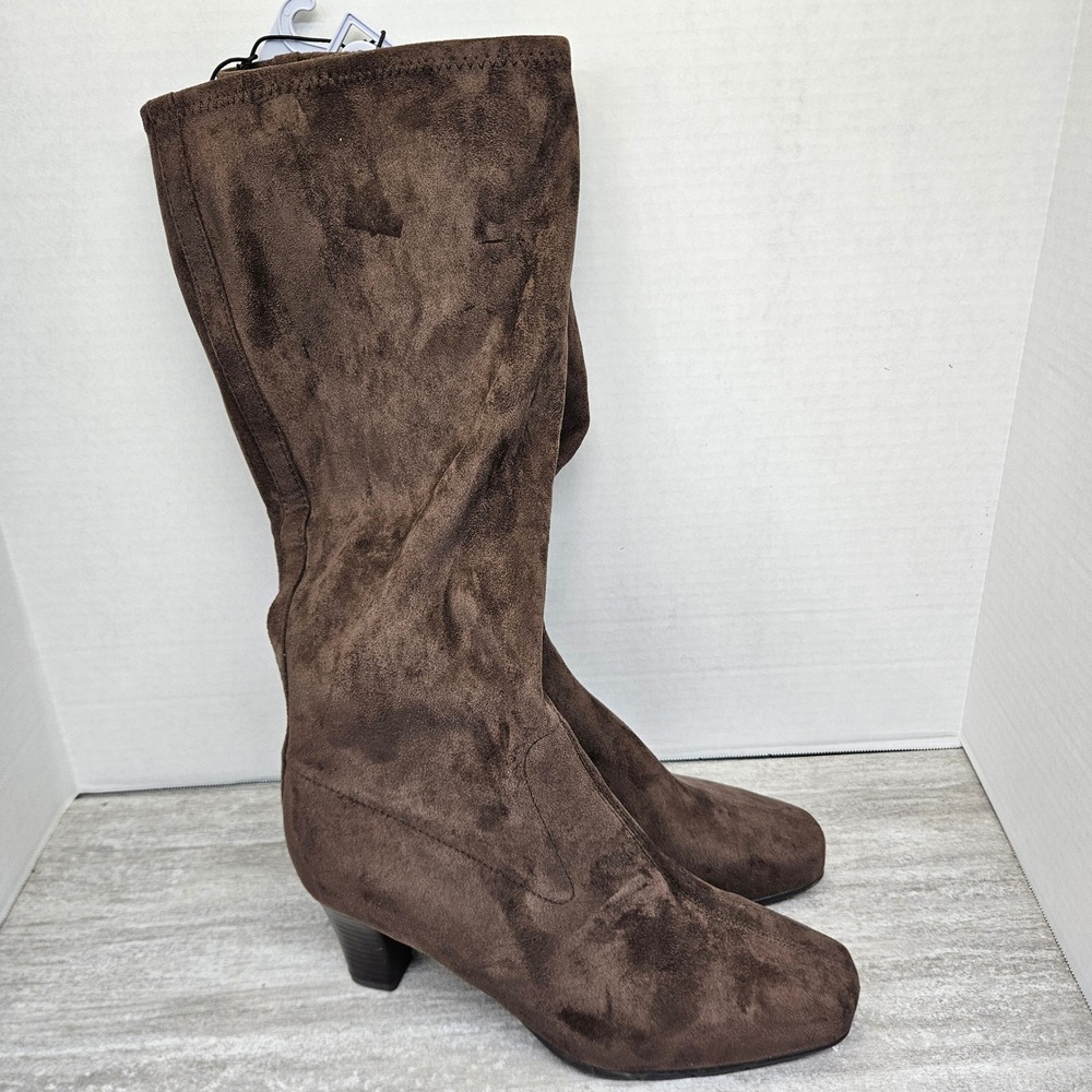 Aerosoles Java Tall Boots Brown Faux Suede Square Toe Block Heel Wide Width 9W